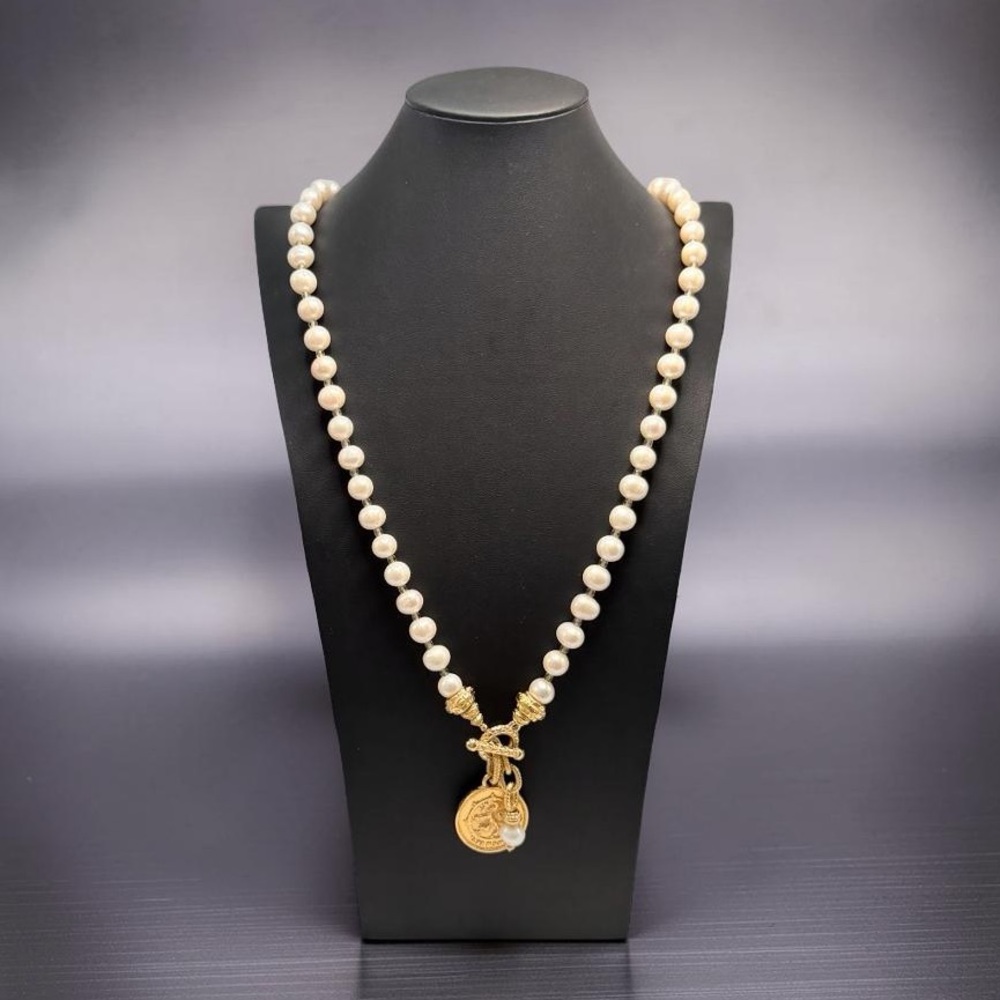 Freshwater Pearl Coin Necklace Boutique Couture Toggle Necklace 38” Vtg Inspired